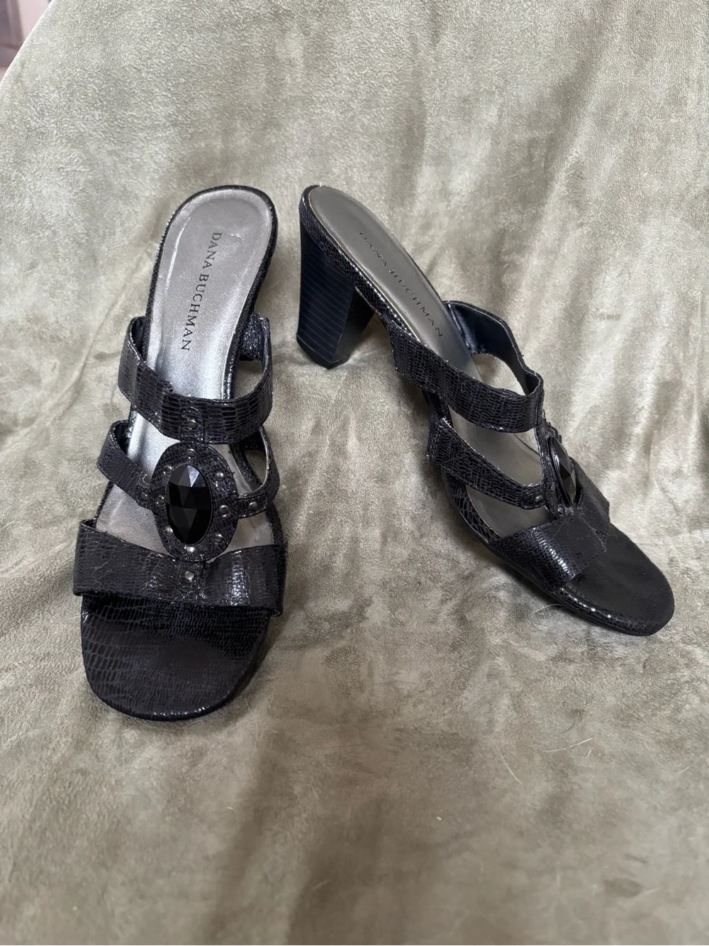 Dana Bachman Black Briony Jeweled Python Kitten Heel Slide Sandals Size 9 1/2 M